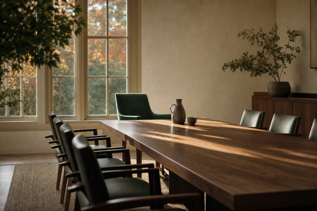 Salle de reunion vide au petit matin d'automne : longue table de chene, fauteuil vert emeraude inoccupe en bout de table, feuillage d'erable roussissant derriere de hautes fenetres.