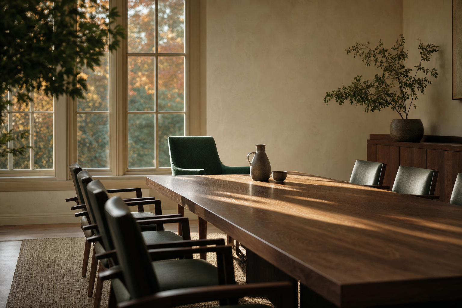 Salle de reunion vide au petit matin d'automne : longue table de chene, fauteuil vert emeraude inoccupe en bout de table, feuillage d'erable roussissant derriere de hautes fenetres.