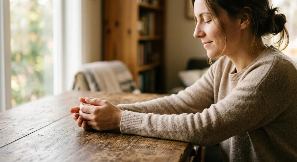Une personne assise à un bureau en bois, les mains posées à plat, les doigts légèrement recroquevillés comme si elle tenait un objet invisible. Son visage est partiellement visible, les yeux fermés, avec un léger sourire suggérant le calme. Une lumière naturelle entre par une fenêtre à gauche, projetant des ombres douces sur le bureau et créant une ambiance chaleureuse et sereine. L'arrière-plan est flou, mettant en valeur la personne et le bureau.