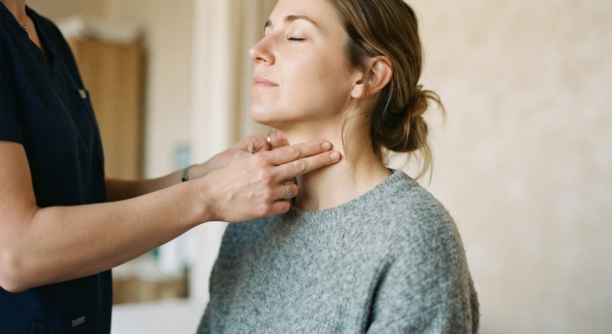 Une paire de mains appuyant doucement deux doigts sur le côté du cou d'une personne, juste sous la mâchoire. La tête de la personne est légèrement inclinée vers l'arrière, les yeux fermés, et ses épaules sont détendues. La scène est éclairée avec douceur, sur un fond neutre qui maintient l'attention sur les mains et le cou.