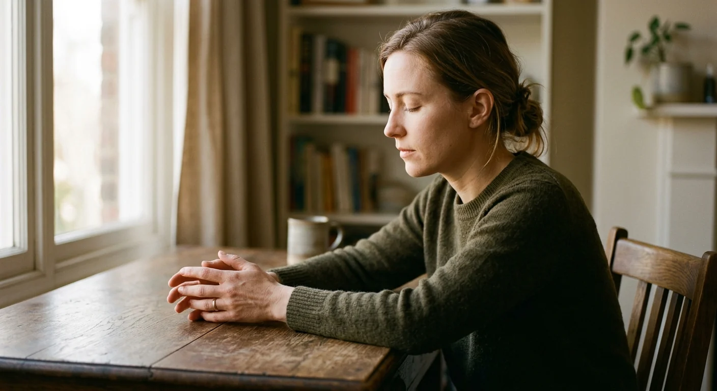 Une personne assise à un bureau en bois, les mains posées, les yeux fermés dans une concentration apaisée.