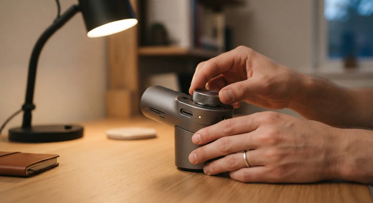 Des mains réglant un cadran analogique sur un appareil métallique posé sur un bureau épuré, éclairé par une lampe douce.