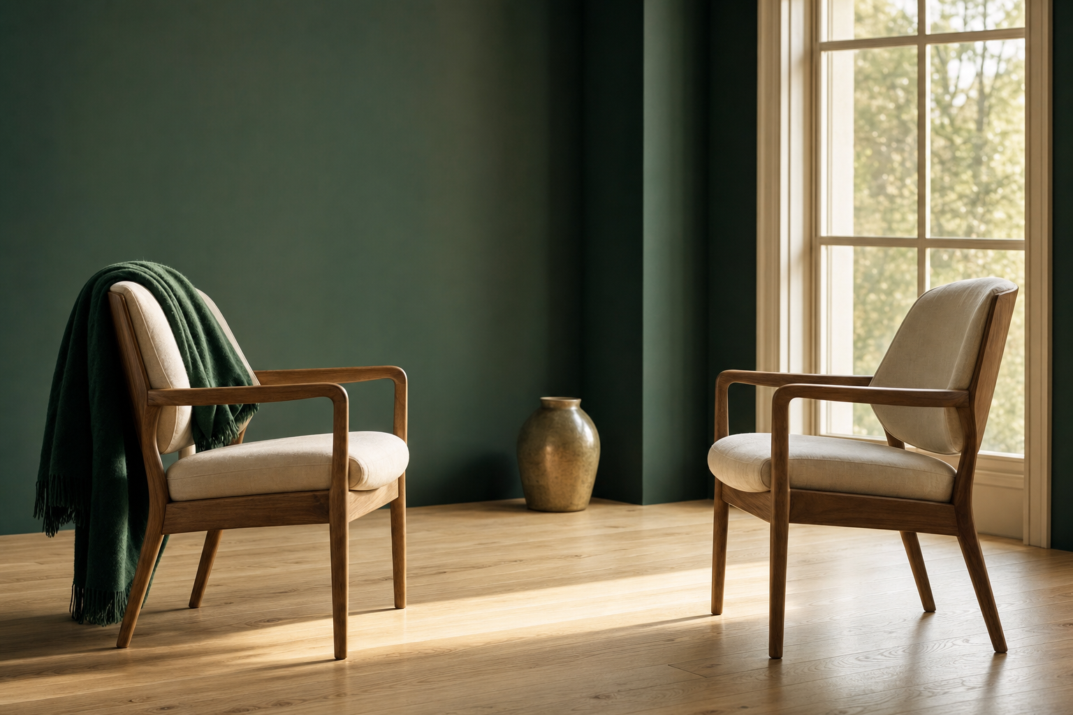 Deux fauteuils en bois clair garnis de lin crème se font face, à distance de conversation, dans une pièce vide au plancher de chêne. Une couverture de laine vert forêt est jetée sur le dossier du fauteuil de gauche. Au fond, un mur vert émeraude, un vase de céramique doré posé au sol et une haute fenêtre à petits carreaux ouvrant sur un feuillage clair ; la lumière du matin dessine une longue bande sur le plancher. Aucune personne n'est présente dans la pièce.
