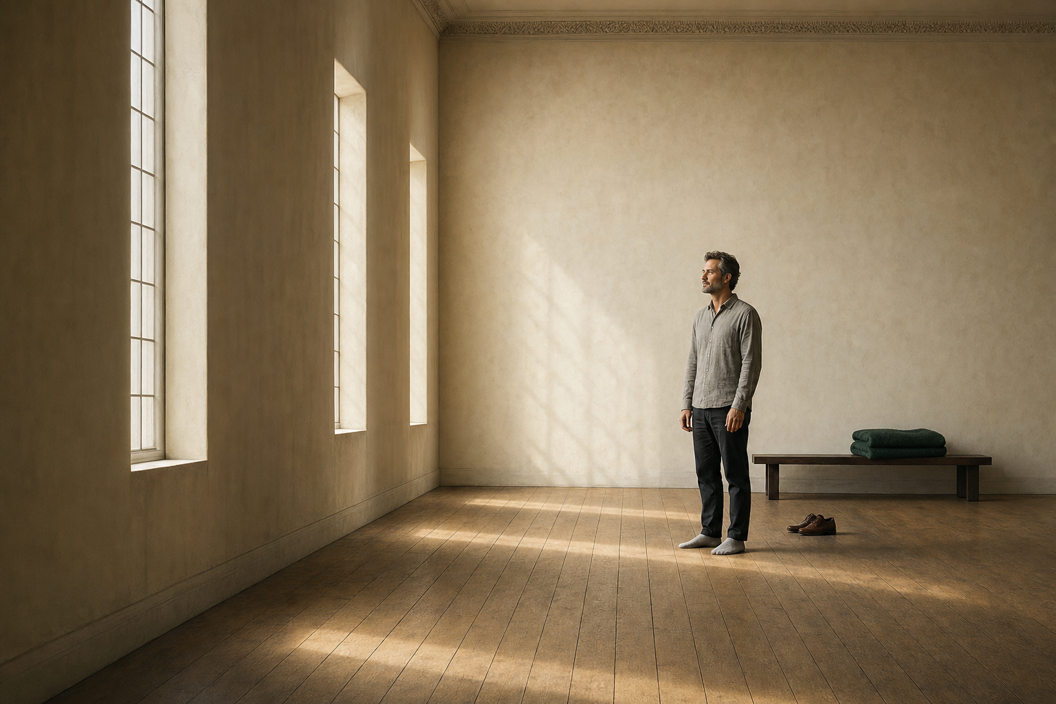Plan large d'une grande piece presque vide, murs de platre creme et plancher de chene clair : un homme d'une quarantaine d'annees se tient debout en chaussettes, petit dans le cadre, le corps et le visage de profil tournes vers les hautes fenetres de gauche d'ou entre la lumiere du matin. Ses chaussures de cuir sont posees au sol a cote de lui et une couverture de laine vert emeraude est pliee sur un banc de bois sombre le long du mur.