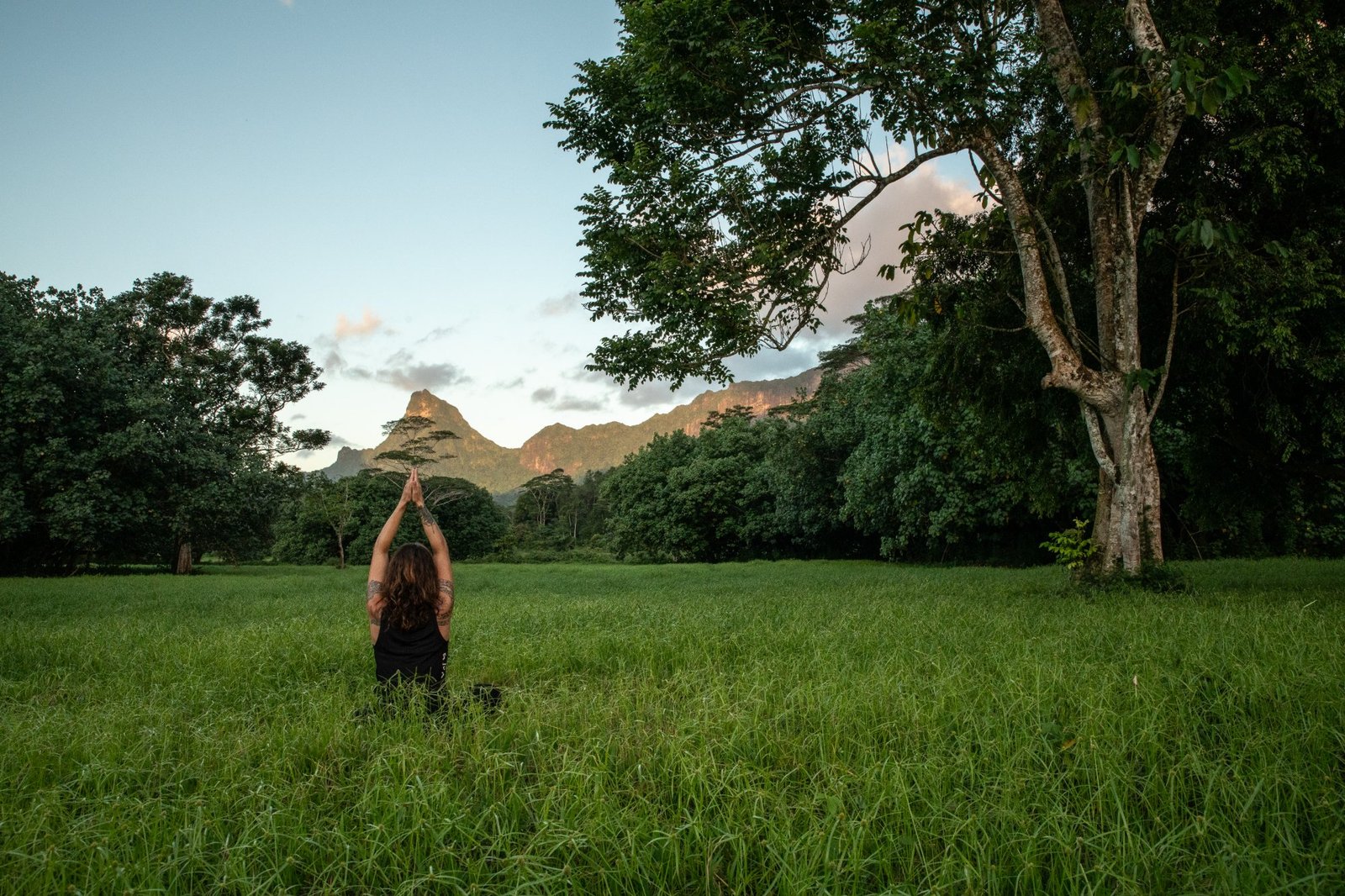 Alexandra Pouget en pratique, bras levés, dans une prairie face aux montagnes de Moorea