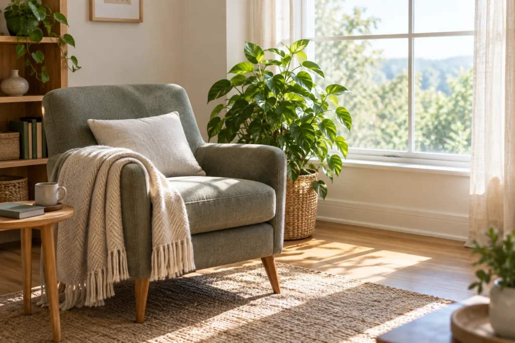 La lumière du matin éclaire un fauteuil, une couverture pliée et une plante près d’une fenêtre.