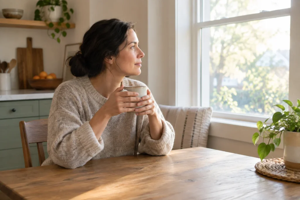 Une personne fait une pause, les mains autour d’une tasse, près d’une fenêtre lumineuse.
