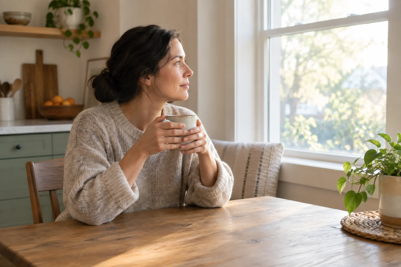 Une personne fait une pause, les mains autour d’une tasse, près d’une fenêtre lumineuse.