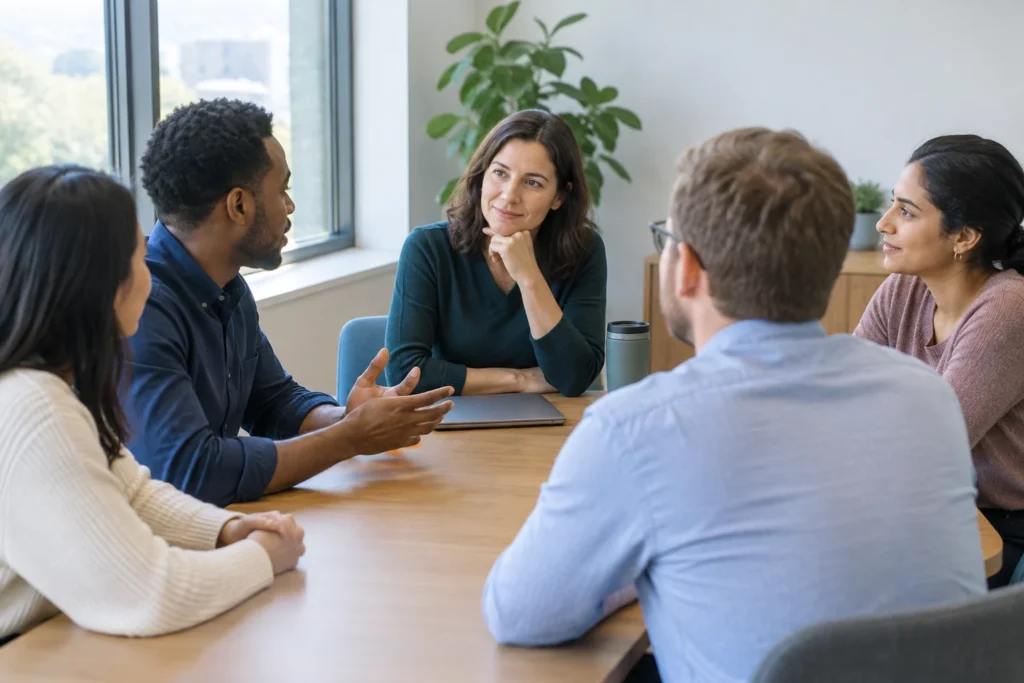Une équipe échange autour d’une table tandis qu’une facilitatrice observe les interactions.