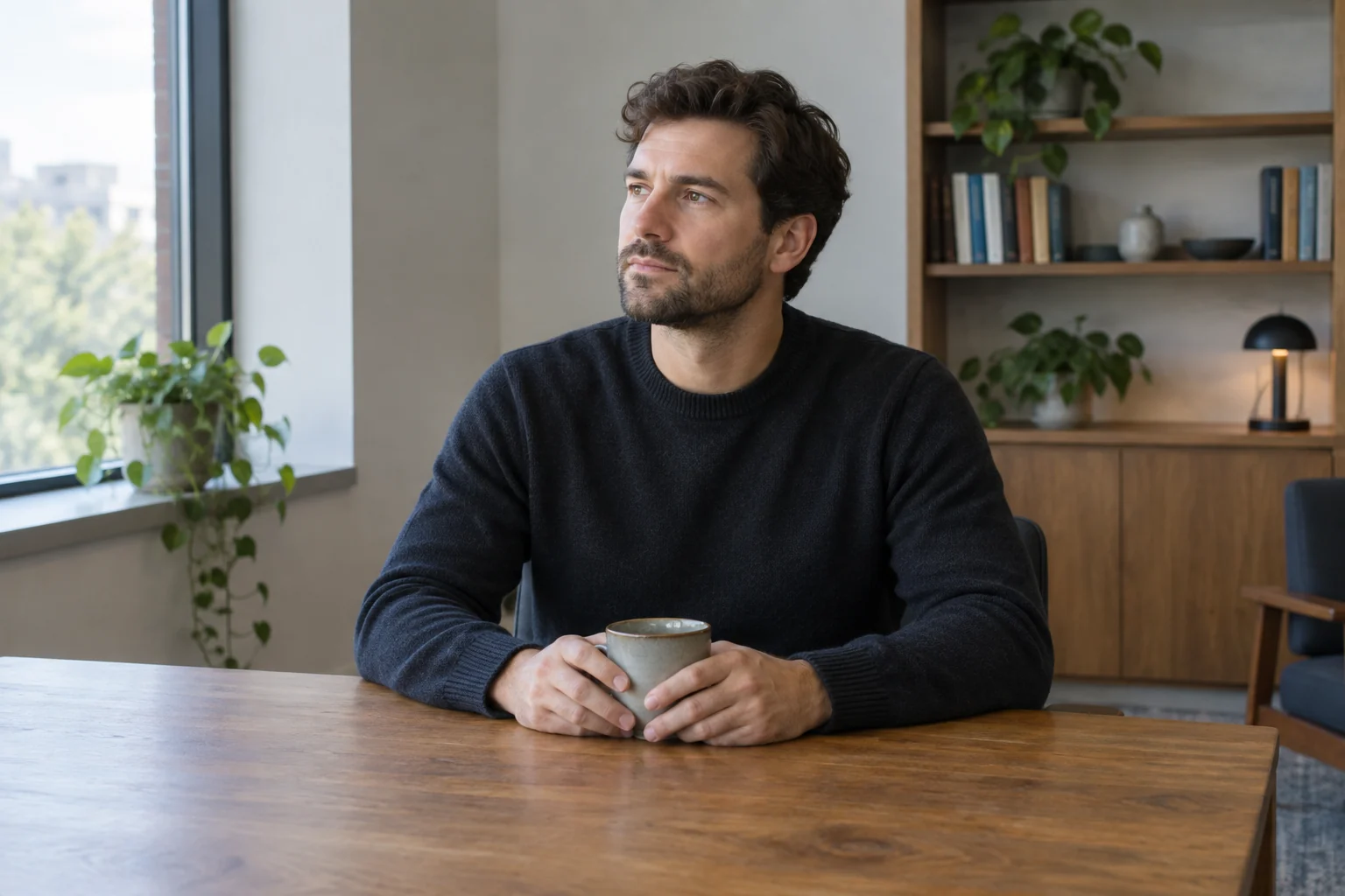 Un homme assis à une table, les mains autour d’une tasse, réfléchit dans un bureau éclairé par la fenêtre.