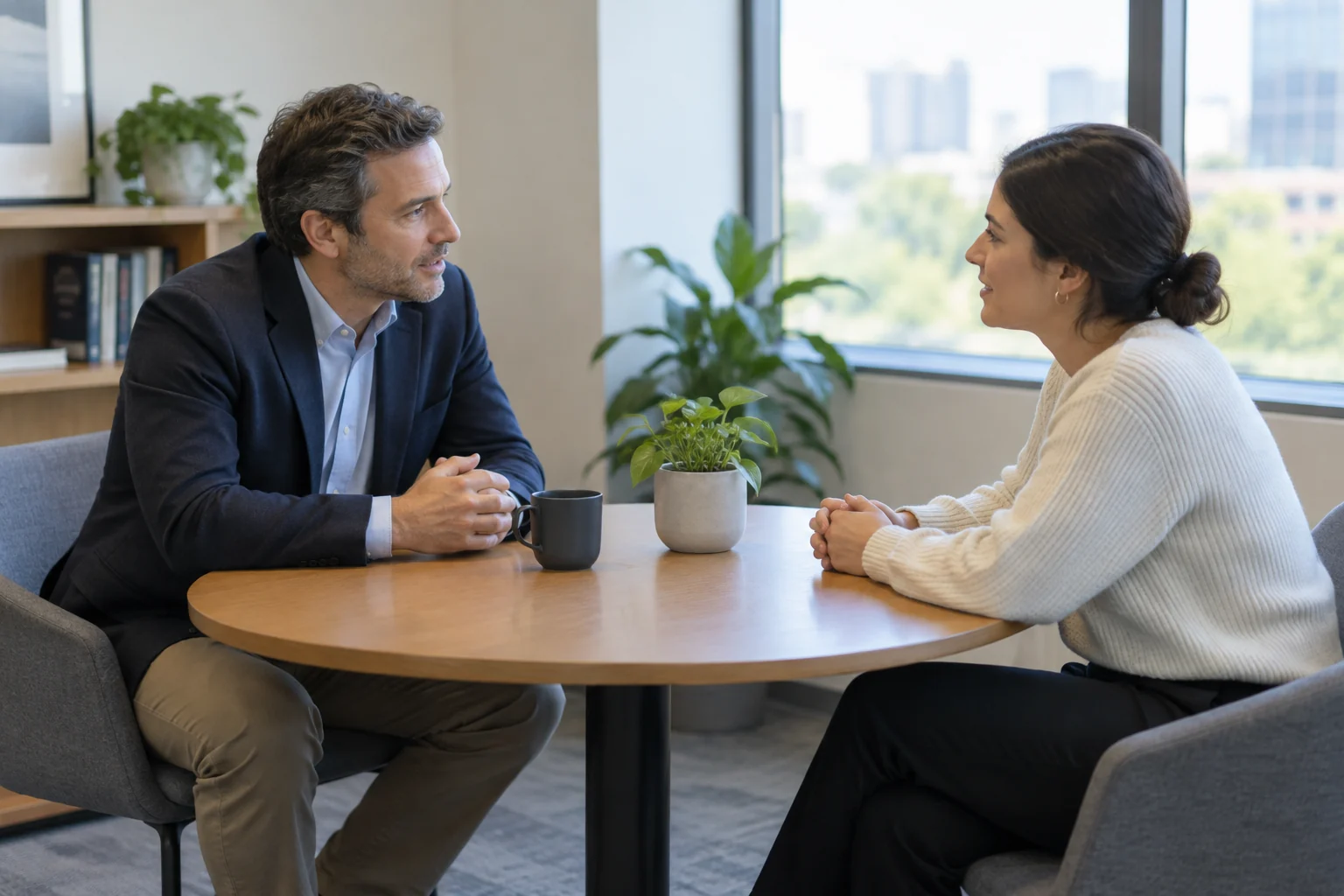 Une dirigeante et une employée échangent dans un bureau lumineux, assises face à face autour d’une petite table.