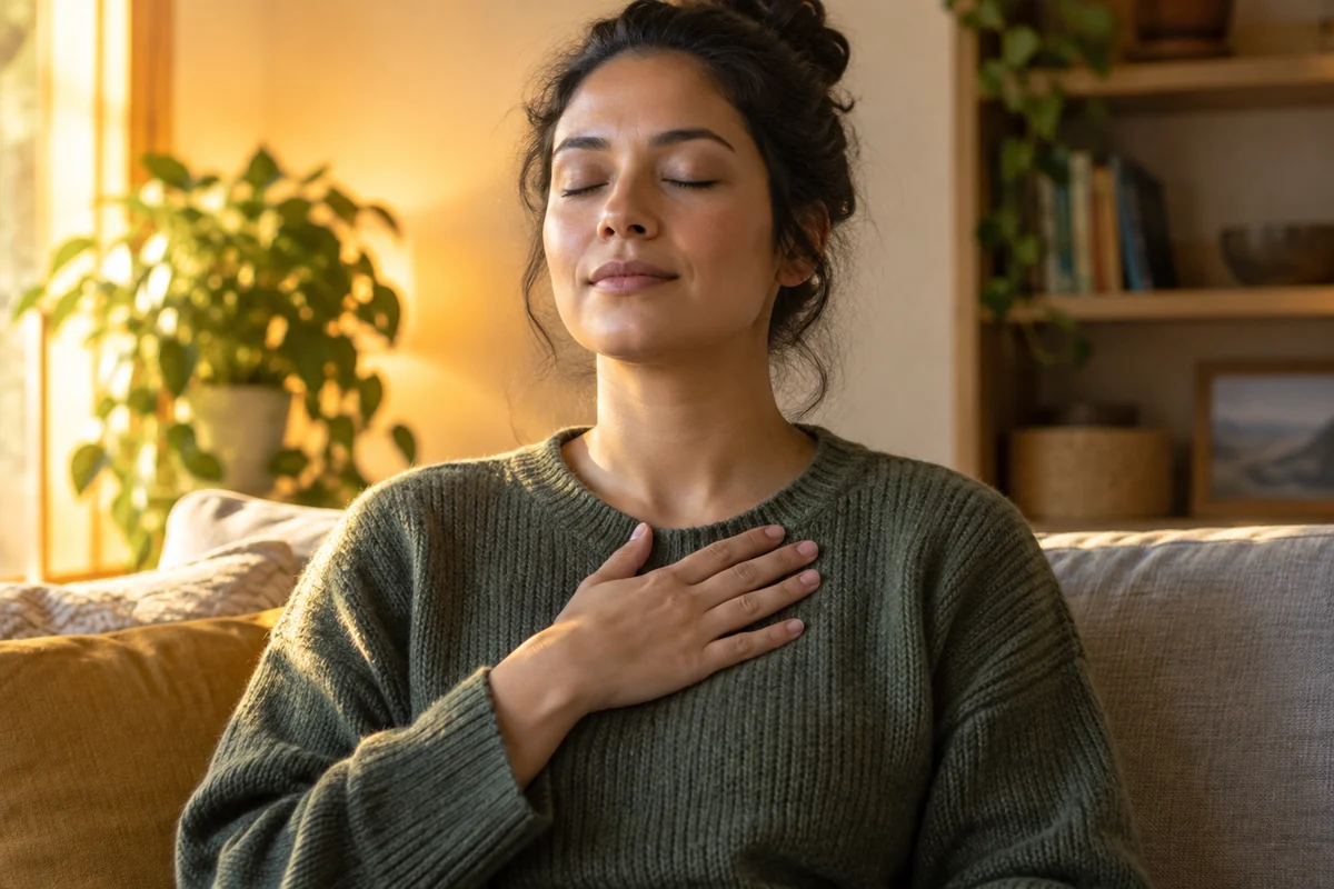 Une personne assise pose une main sur sa poitrine et respire calmement, cadrée à mi-corps dans une lumière douce.