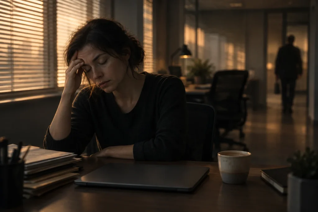 Personne assise à un bureau, main sur le front, yeux fermés dans un bureau faiblement éclairé.