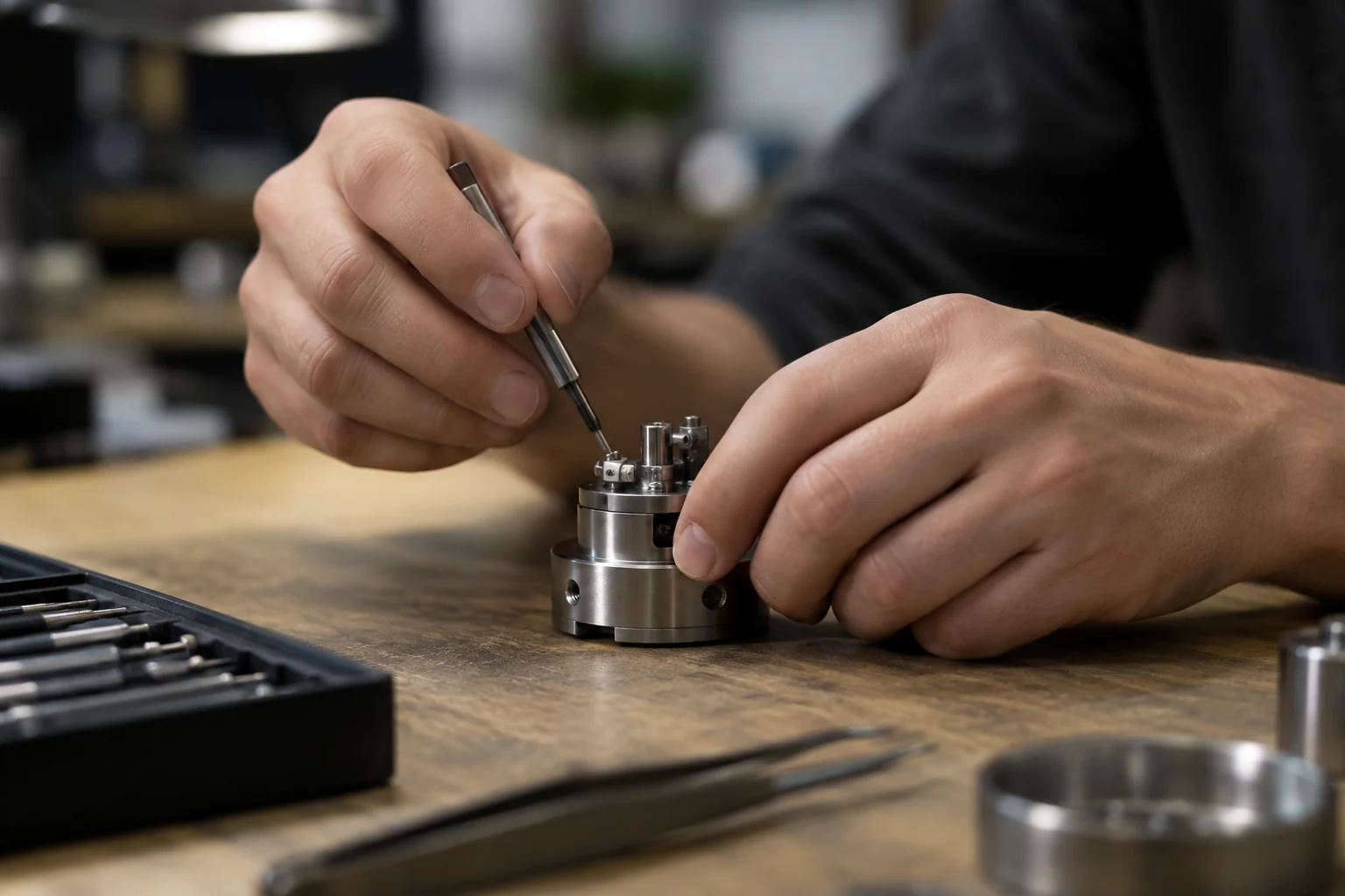 Des mains ajustant un outil sur un établi, dans un atelier éclairé avec douceur.