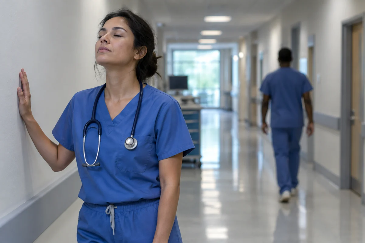 Une soignante en blouse, une main contre le mur, respire profondément dans un couloir d'hôpital.
