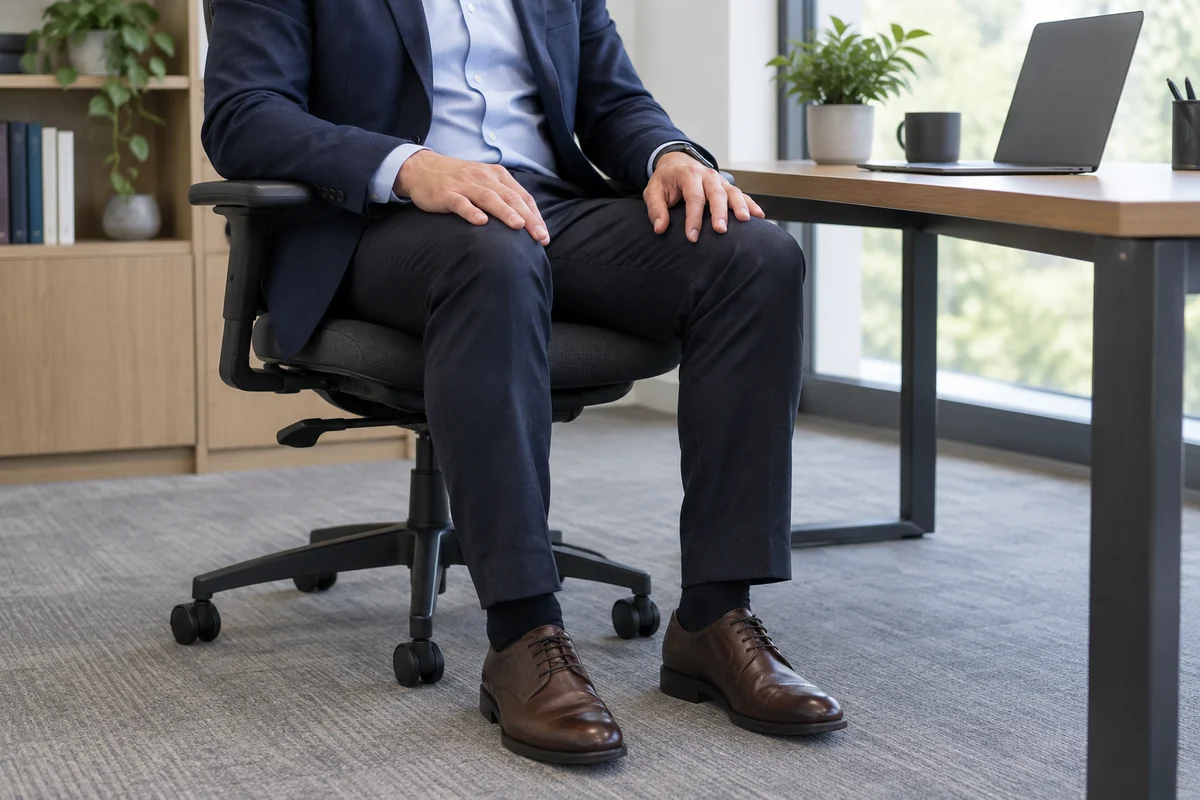 Assis à son bureau, un cadre pose les pieds au sol et les mains sur ses cuisses.