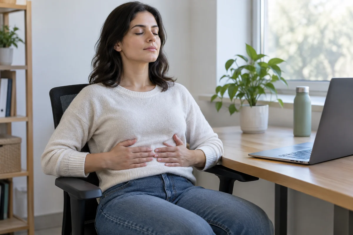 Une personne assise au bureau pose les pieds au sol et respire calmement, cadrée sur son buste et ses mains.