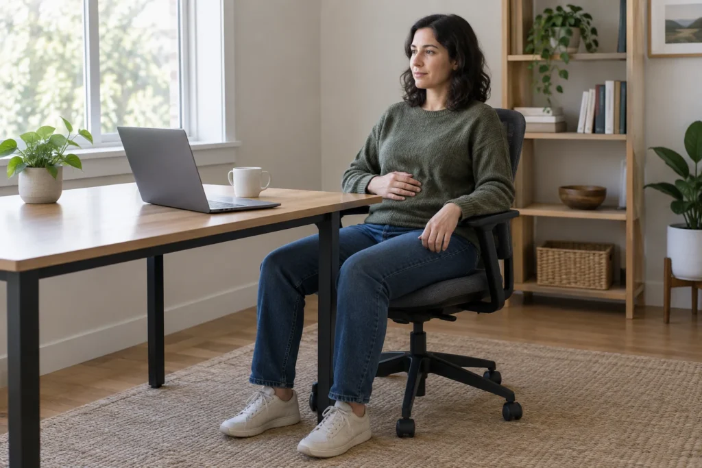 Une personne assise pose la main sur son abdomen et marque une pause dans un espace de travail éclairé naturellement.