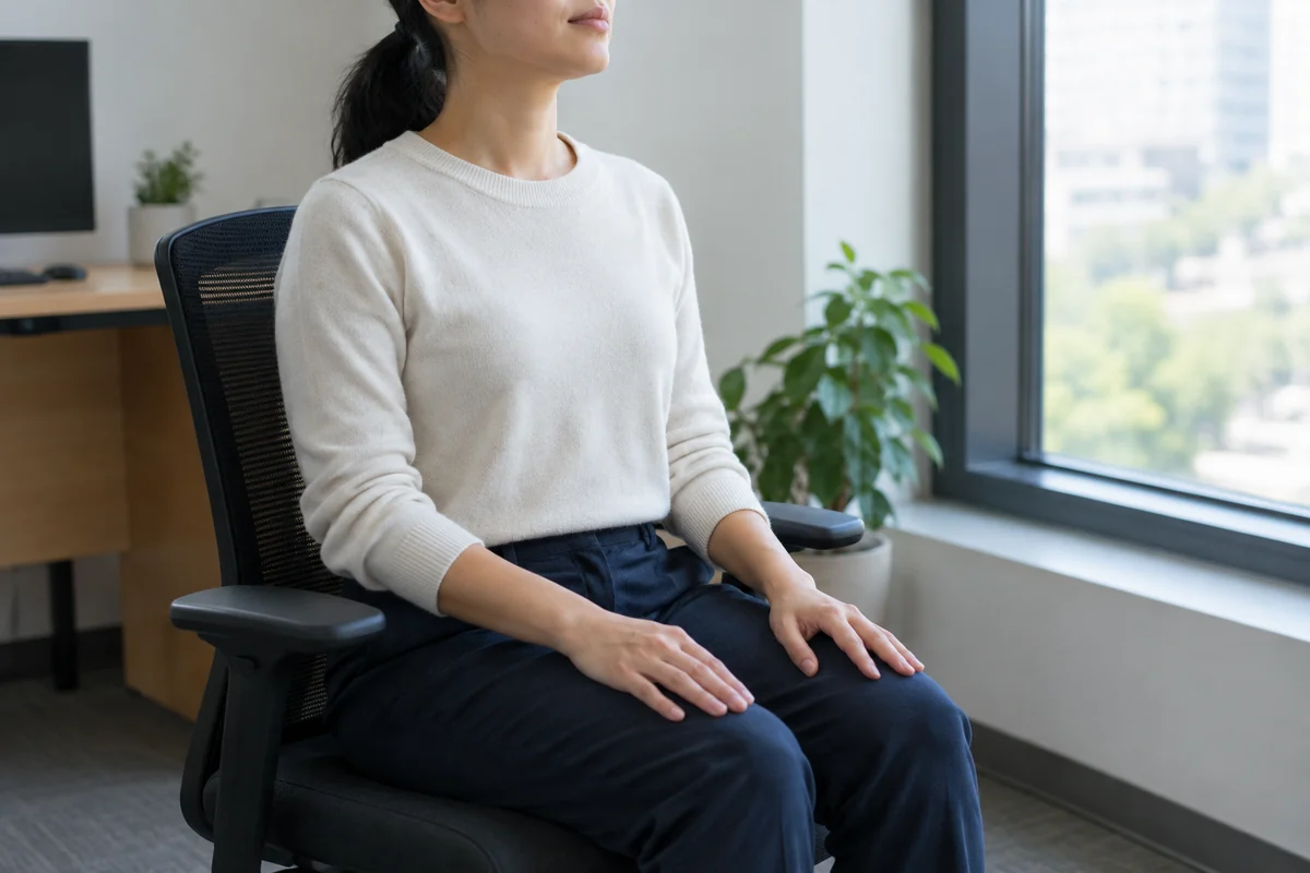Une personne assise au bureau, les pieds ancrés au sol et les mains posées sur les cuisses, prend une respiration lente.