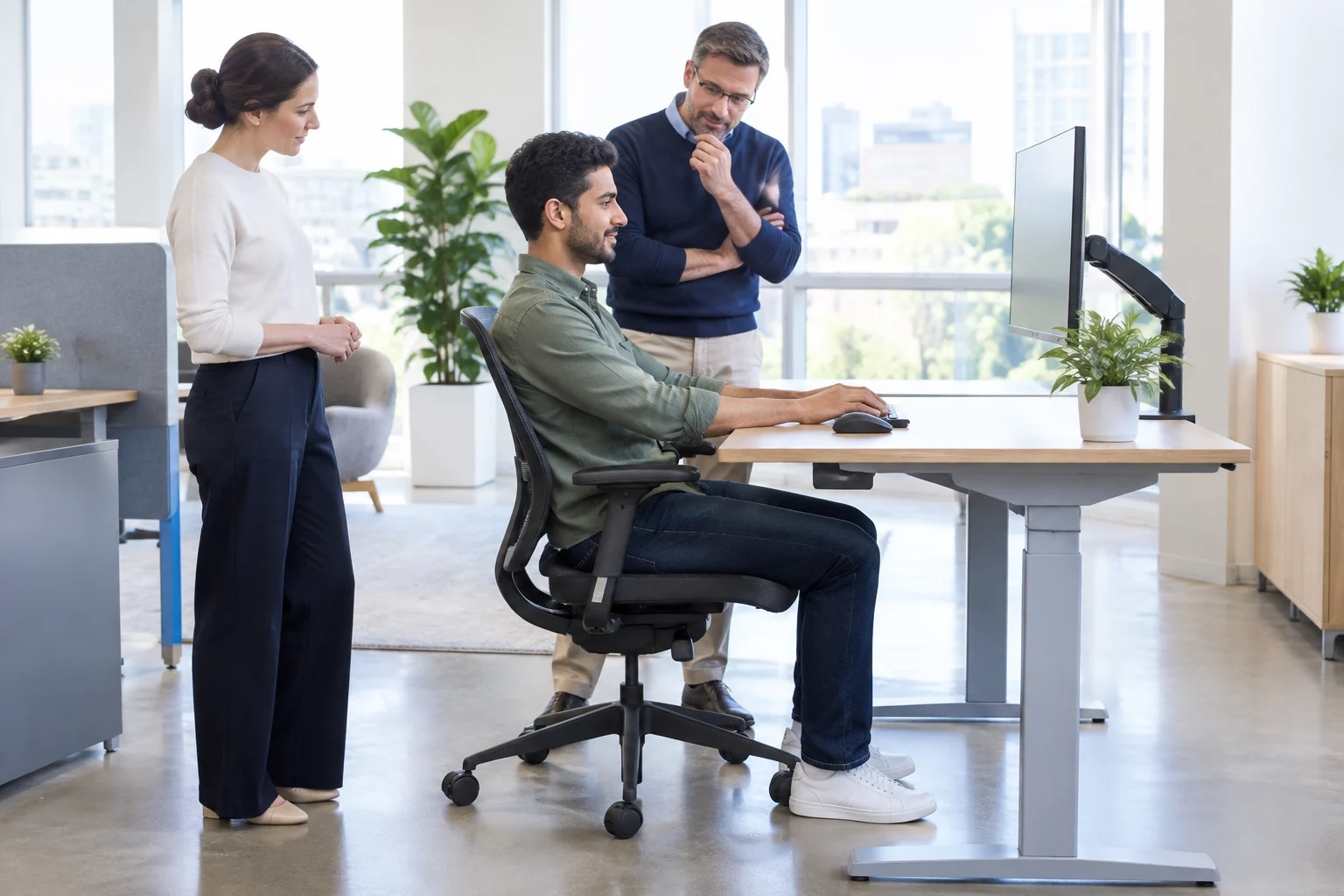 Une équipe observe un poste de travail ajustable dans un atelier lumineux, attentive au confort et à la prévention.