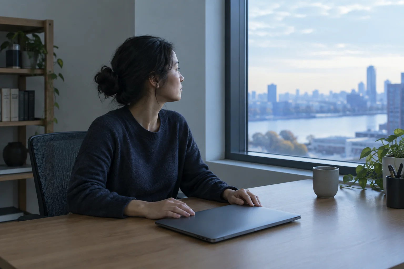 Une personne reste assise à son bureau, les mains posées près d’un ordinateur fermé et le regard tourné vers la fenêtre.