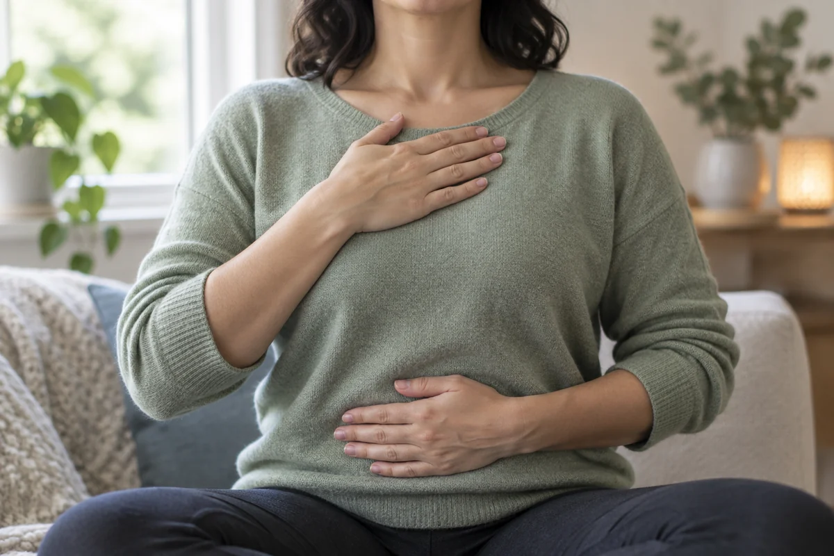 Une personne assise pose une main sur sa poitrine et l’autre sur son ventre, cadrée de près dans une lumière douce.
