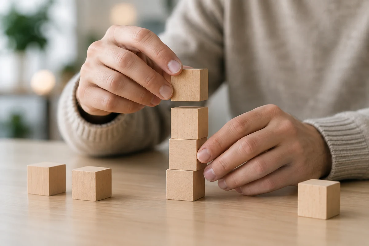 Mains empilant des blocs de bois avec précision sur une table éclairée.