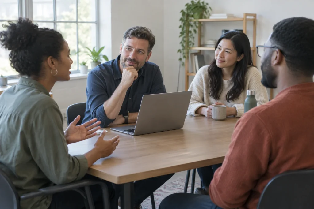 Une responsable écoute une collègue autour d’une table dans un petit espace de travail lumineux.