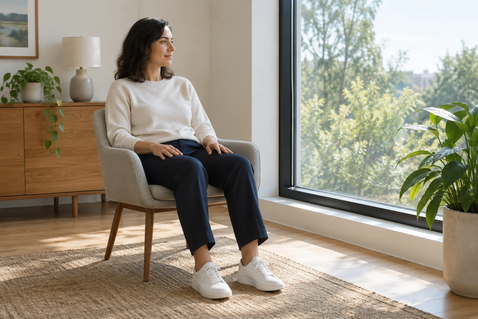 Une personne assise près d’une fenêtre, les pieds au sol et les mains posées sur les cuisses.