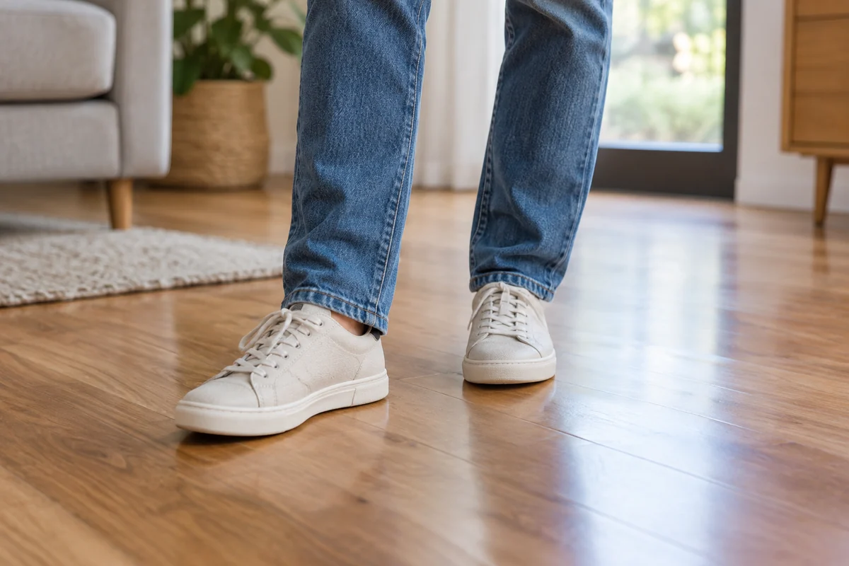 Une personne debout déplace doucement son poids d’un pied à l’autre sur un parquet.