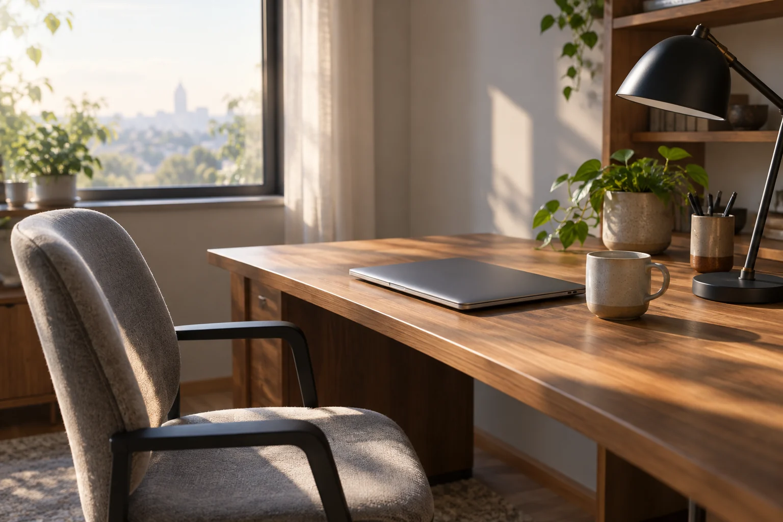 Un espace de travail calme, avec un ordinateur fermé, une tasse et une chaise près d’une fenêtre lumineuse.