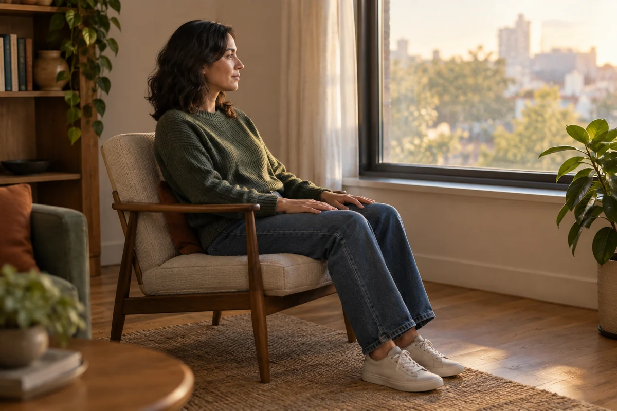 Une personne assise près d’une fenêtre, les pieds au sol et les mains posées sur les cuisses, dans une lumière douce.