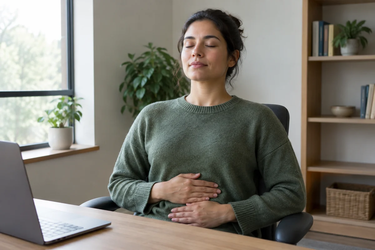 Une personne assise fait une pause respiratoire, les mains posées sur le ventre.