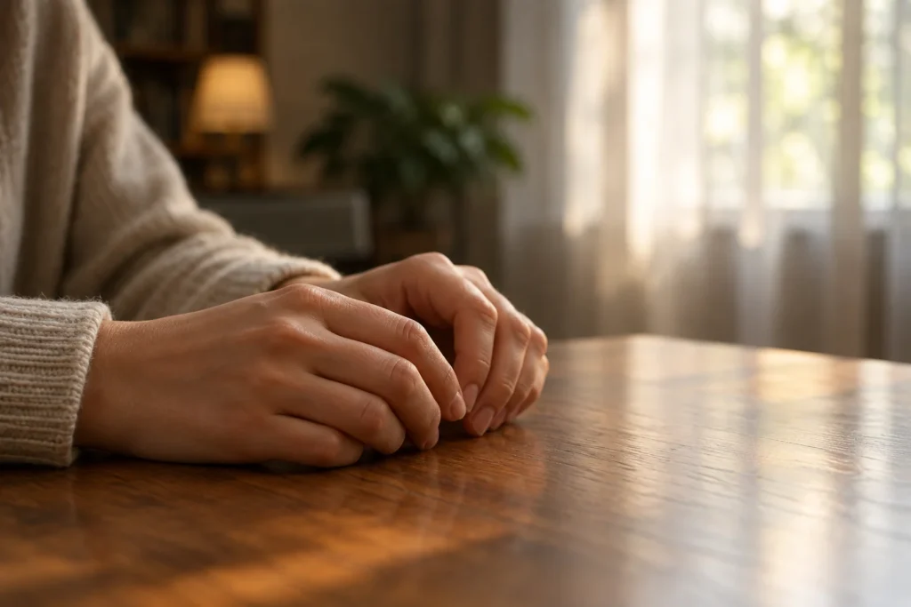 Mains détendues posées sur une table en bois, dans une pièce baignée de lumière naturelle douce.