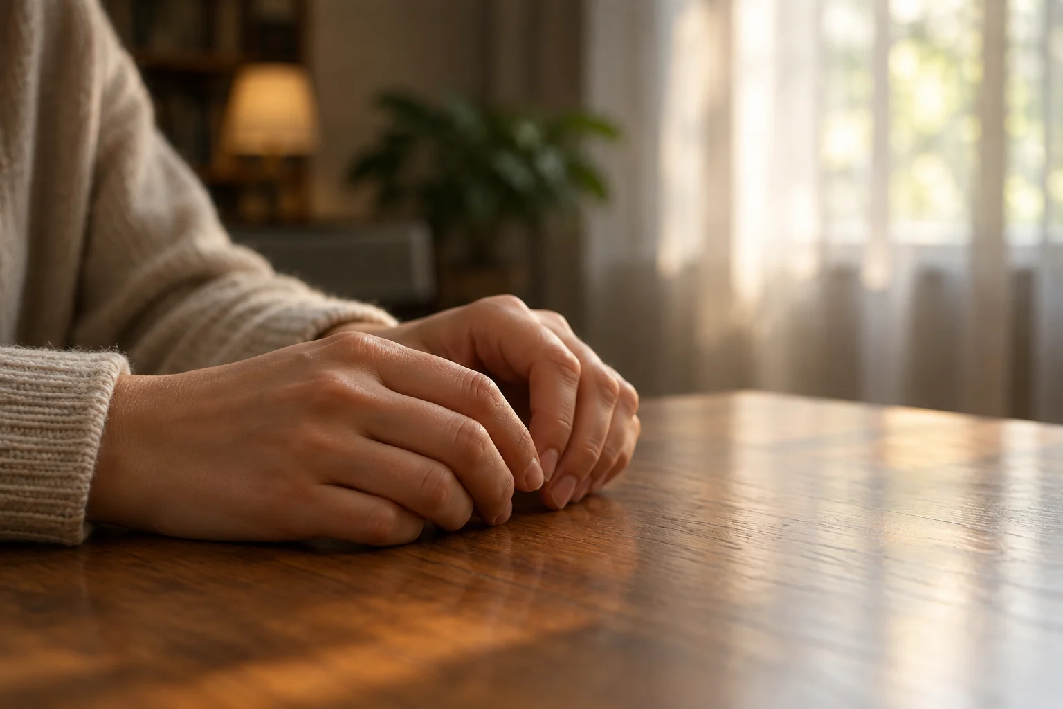Mains détendues posées sur une table en bois, dans une pièce baignée de lumière naturelle douce.