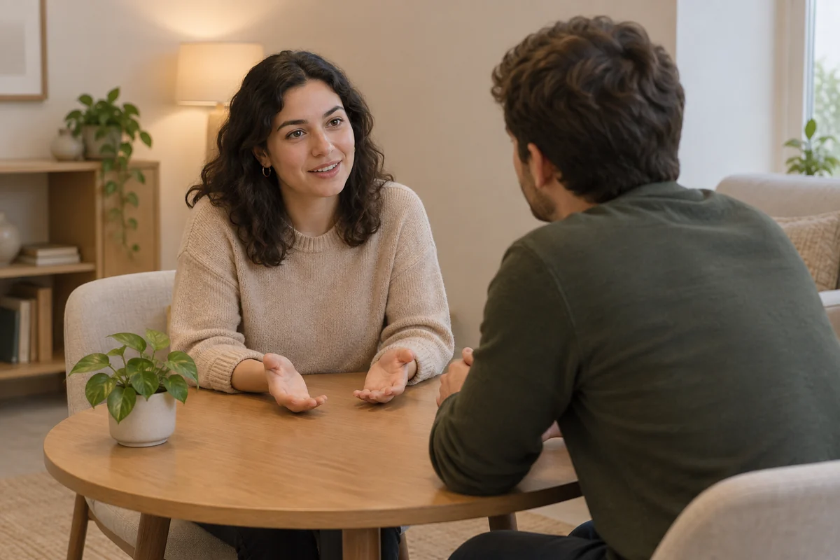 Deux personnes en discussion, mains visibles et gestes ouverts dans un cadre apaisant.