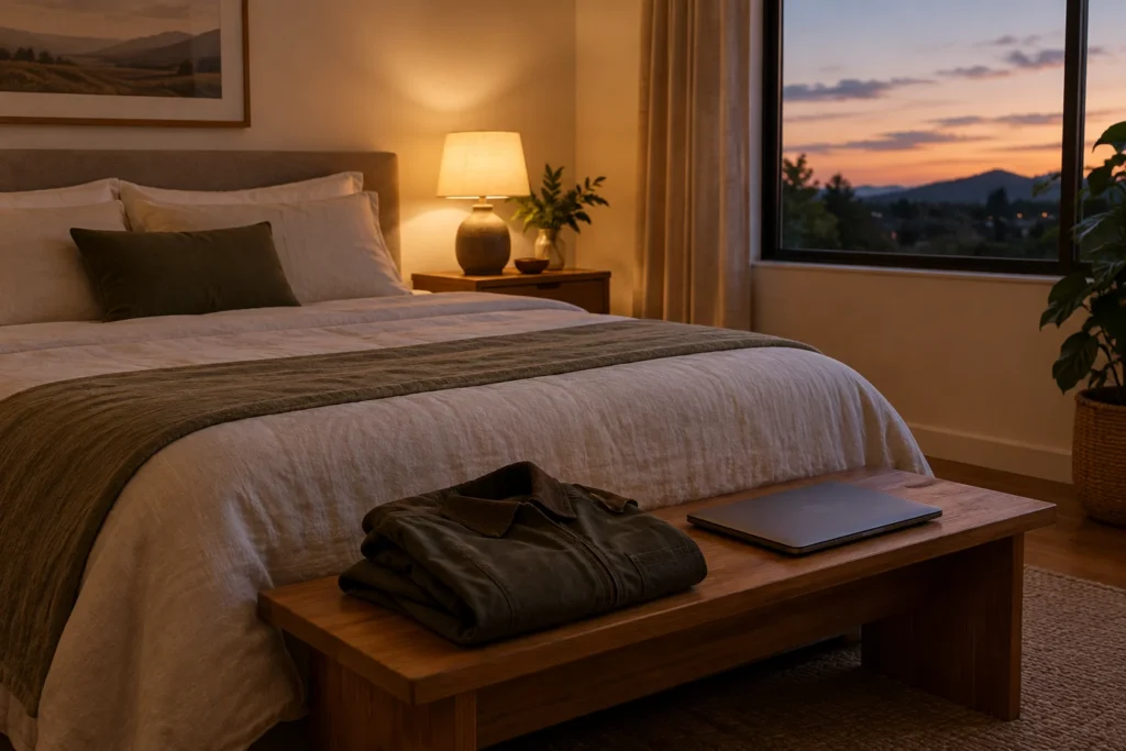 Une chambre au crépuscule, avec un lit préparé, une veste pliée et un ordinateur fermé près d’une lampe allumée.