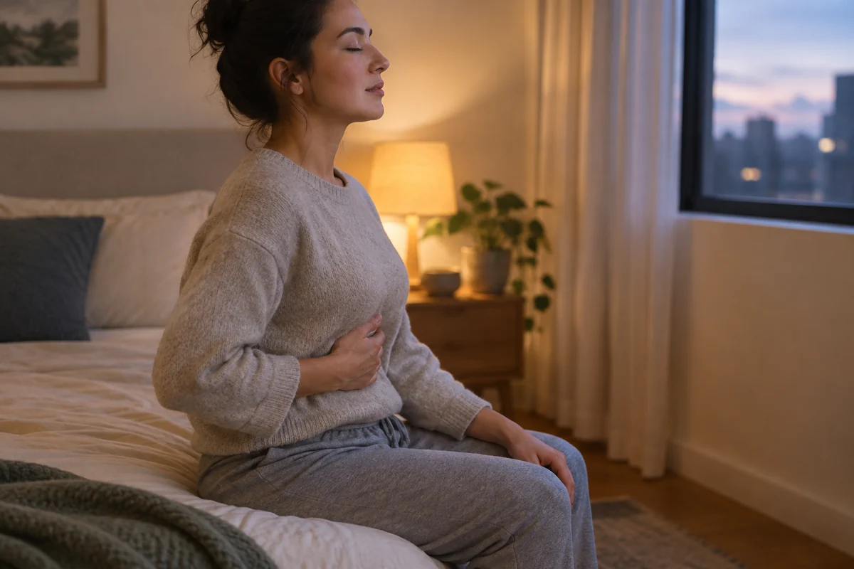 Une personne assise au bord du lit pose une main sur ses côtes et respire lentement dans la lumière du soir.