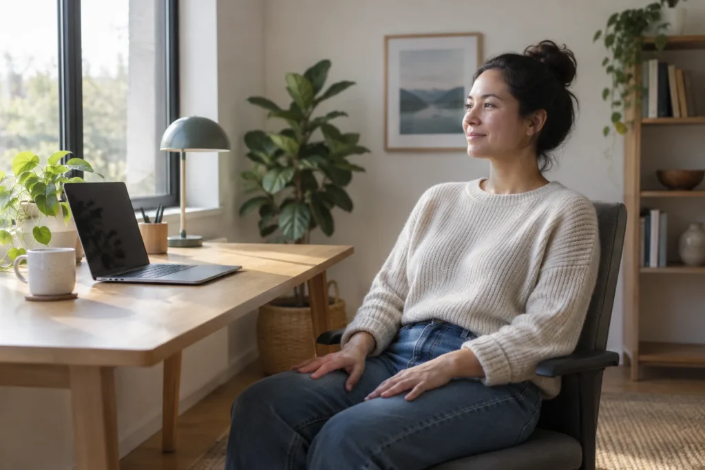 Une personne assise à un bureau lumineux, les épaules relâchées et les mains posées sur les cuisses.