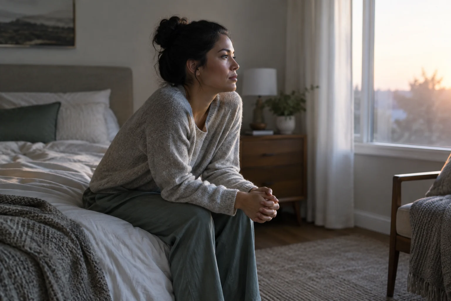 Une personne assise au bord du lit, les épaules tendues et les mains jointes dans la lumière du matin.