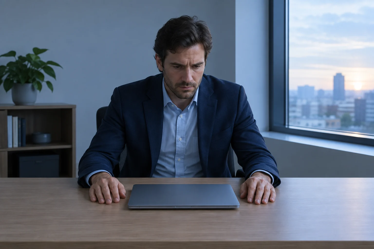 Un dirigeant reste seul à son bureau, les épaules tendues, dans la lumière froide du matin.