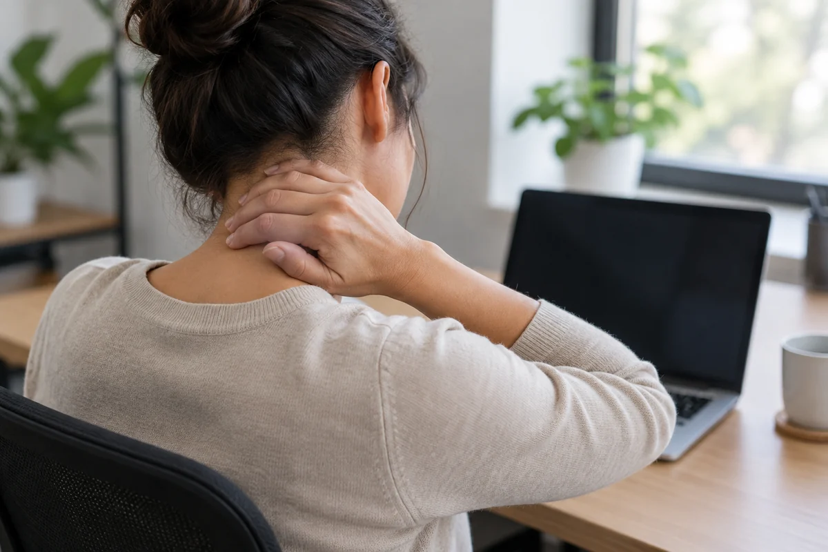 Une personne assise masse sa nuque, les épaules crispées, dans un cadrage rapproché.