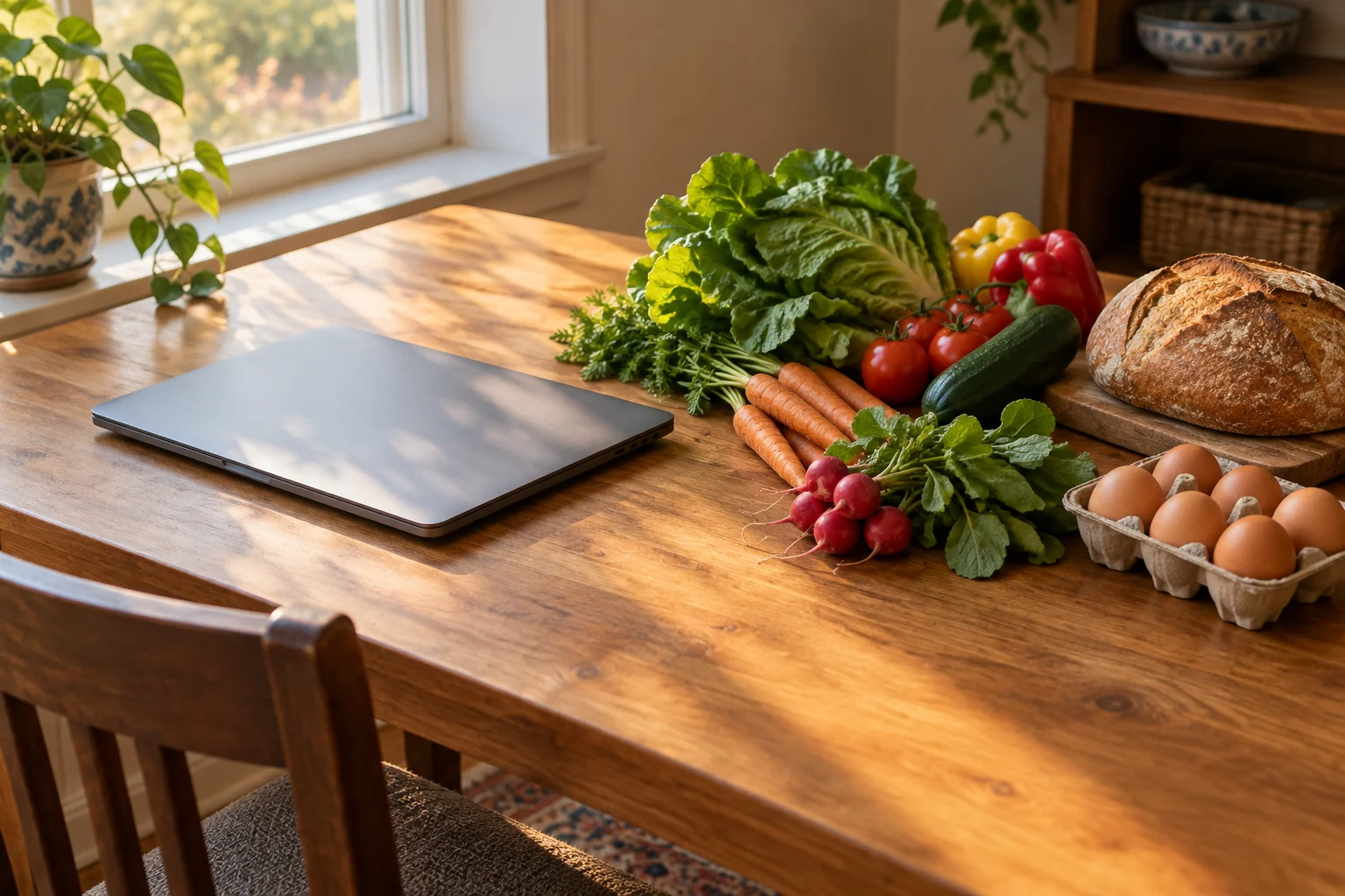 Un ordinateur fermé côtoie des légumes, du pain et des œufs sur une table de travail à la maison.