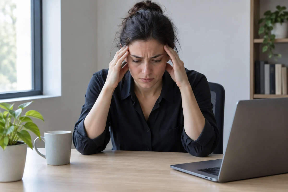 Au bureau, une personne tendue pose les mains sur ses tempes, assise à son poste de travail.